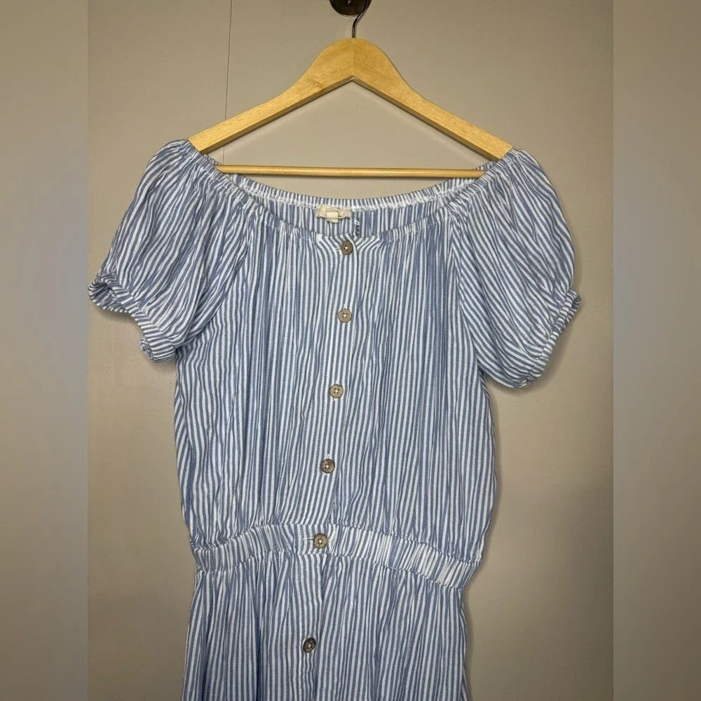 Elan Blue White Striped Off Shoulder Mini Dress Boho Tiered Size S - Picture 3 of 5